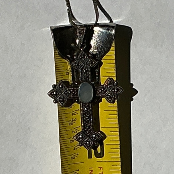 Sterling Silver Cross & Chain With Opalescent Center Stone Marcasite Stones - Picture 7 of 9